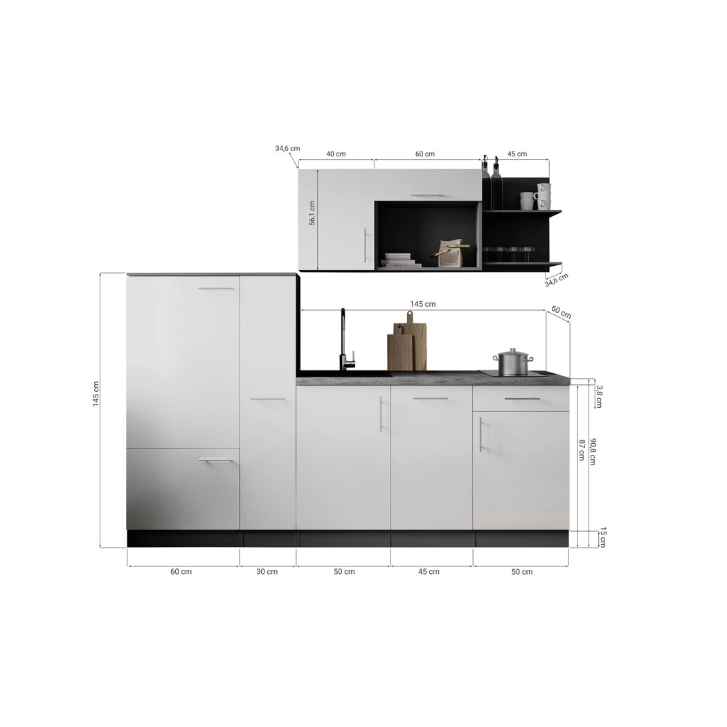 Küchenzeile 'Oliver' mit E-Geräten weiß/grau 235 cm