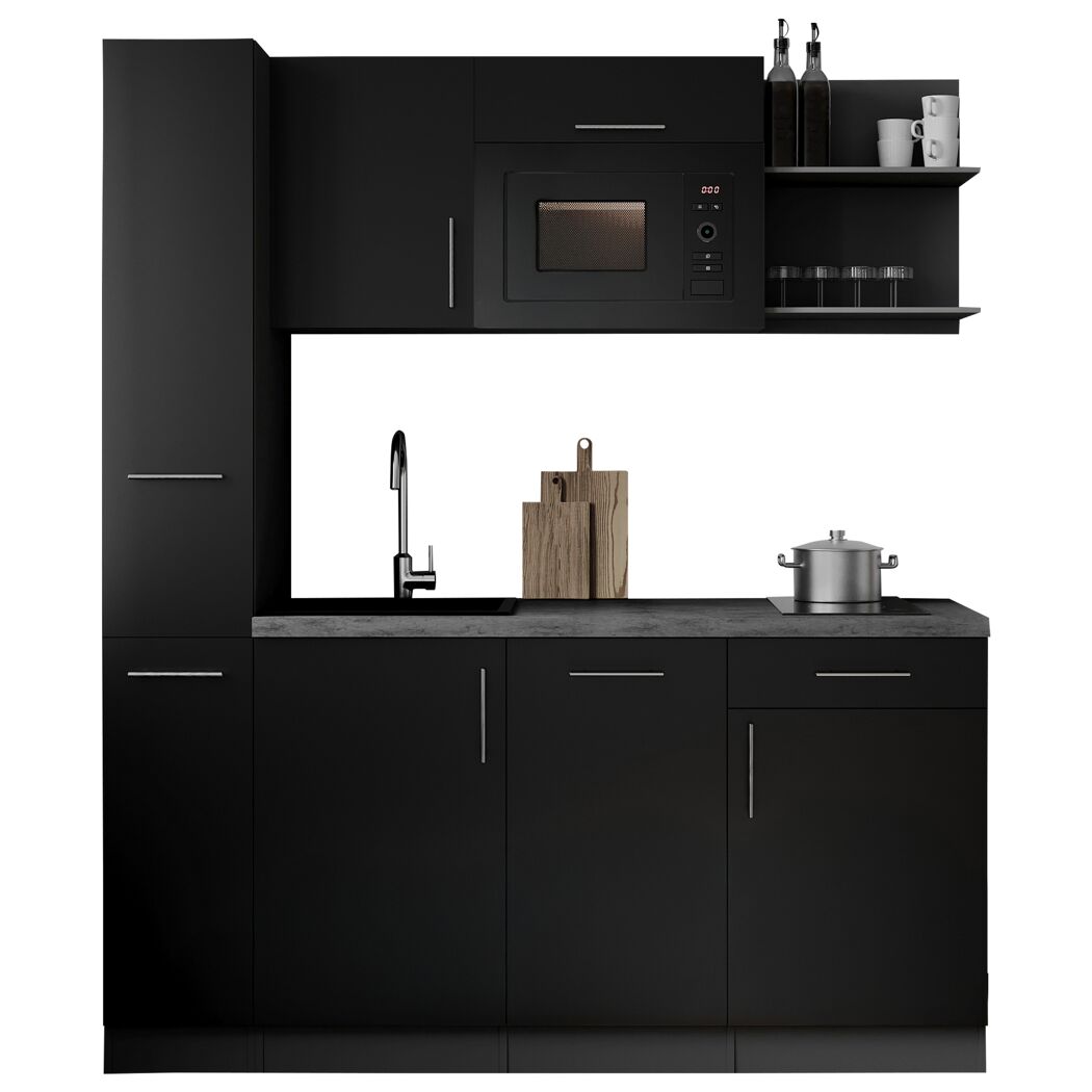 Küchenzeile 'Oliver' mit E-Geräten schwarz/grau 175 cm