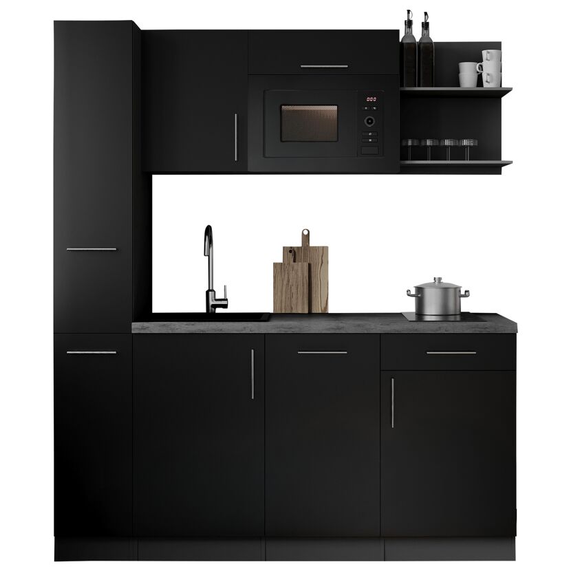 Küchenzeile 'Oliver' mit E-Geräten schwarz/grau 175 cm