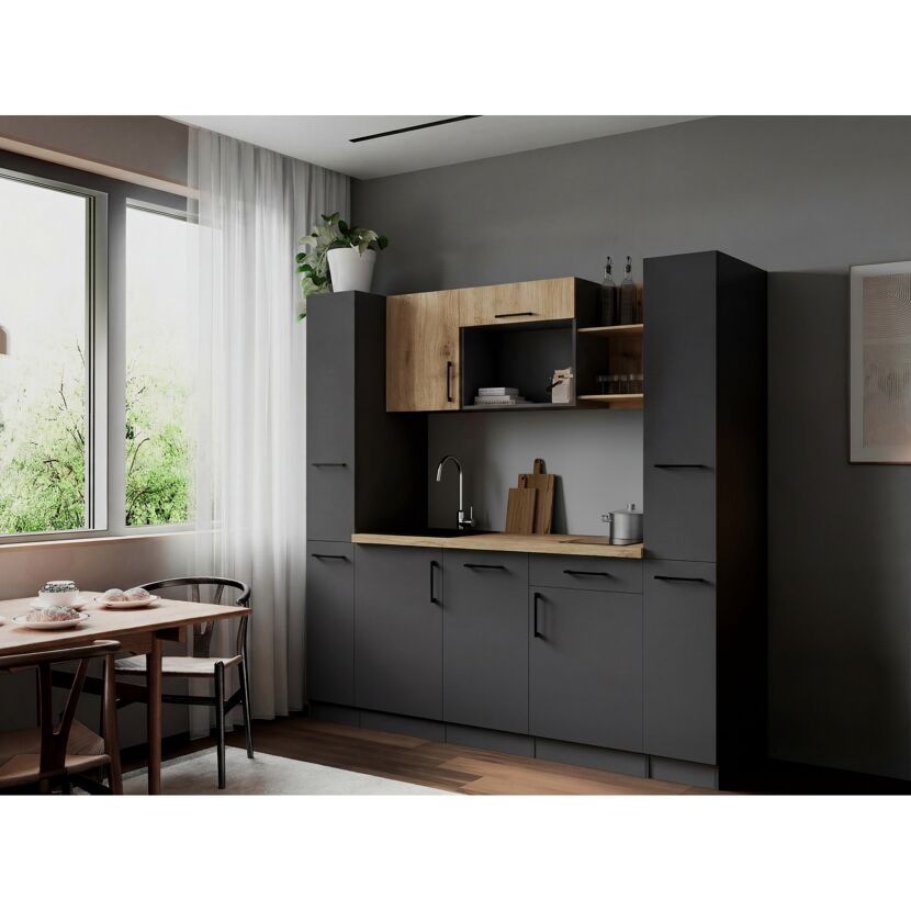 Küchenzeile 'Oliver' mit E-Geräten eichefarben/grau 205 cm