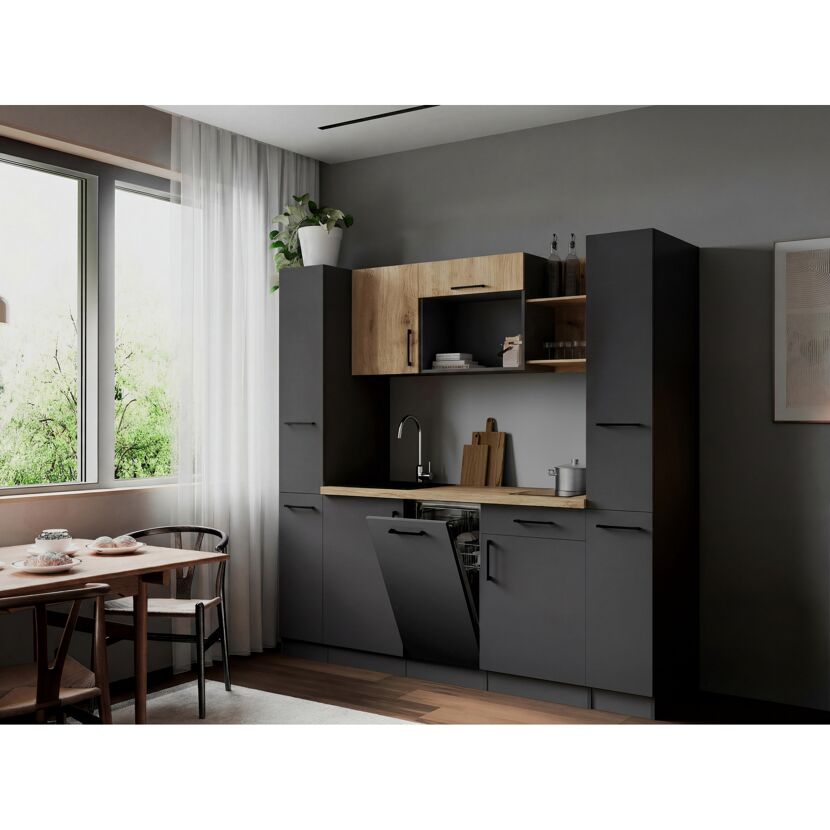 Küchenzeile 'Oliver' mit E-Geräten eichefarben/grau 205 cm