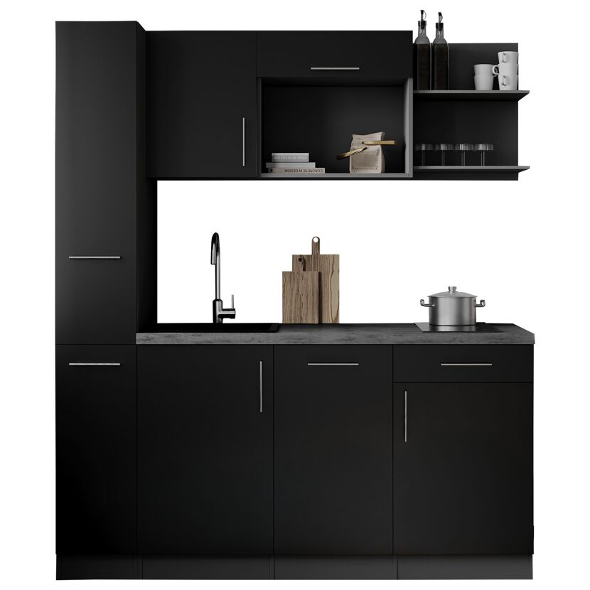 Küchenzeile 'Oliver' mit E-Geräten schwarz/grau 175 cm