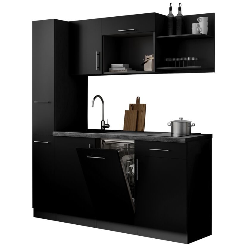 Küchenzeile 'Oliver' mit E-Geräten schwarz/grau 175 cm