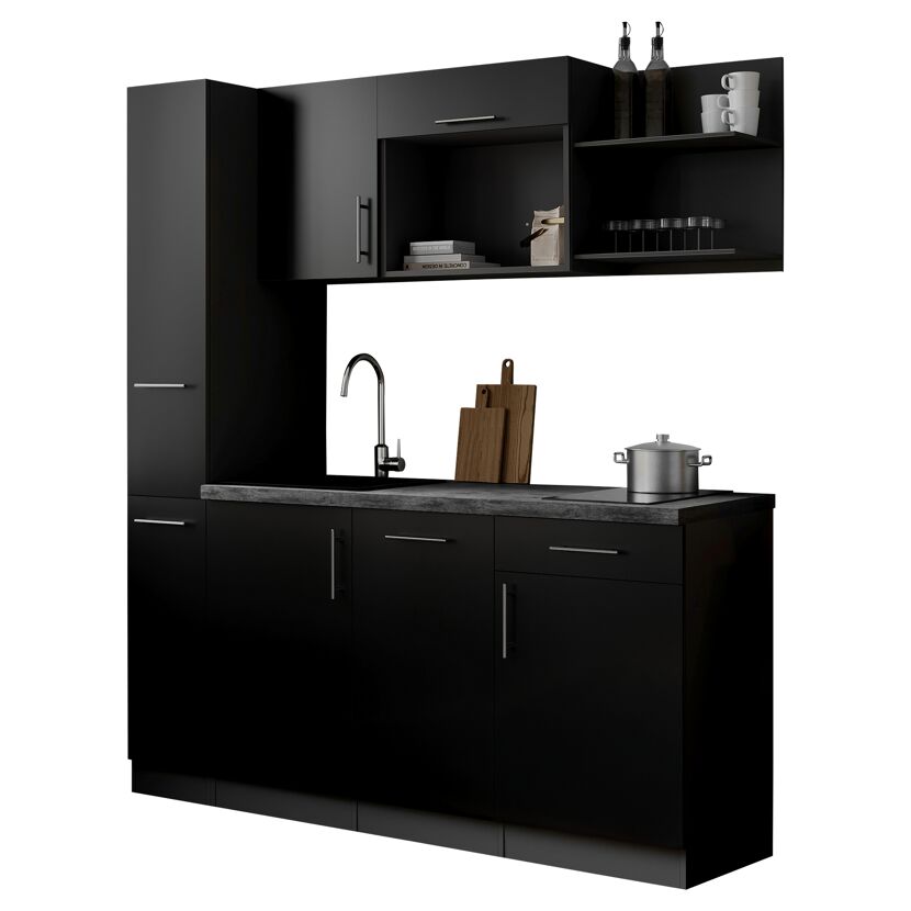 Küchenzeile 'Oliver' mit E-Geräten schwarz/grau 175 cm