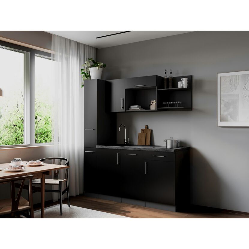 Küchenzeile 'Oliver' mit E-Geräten schwarz/grau 175 cm