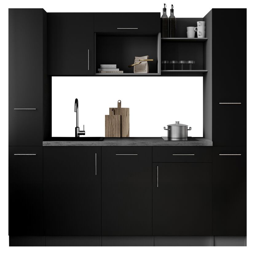 Küchenzeile 'Oliver' mit E-Geräten schwarz/grau 205 cm