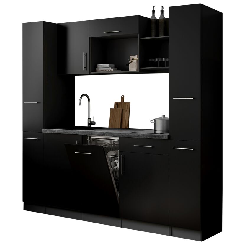 Küchenzeile 'Oliver' mit E-Geräten schwarz/grau 205 cm