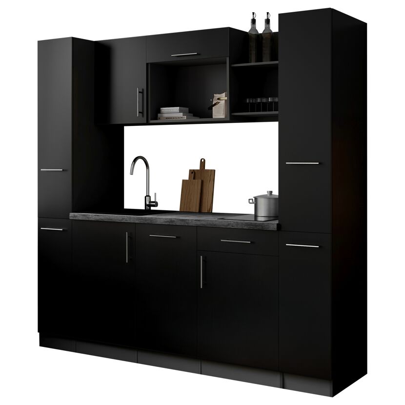 Küchenzeile 'Oliver' mit E-Geräten schwarz/grau 205 cm