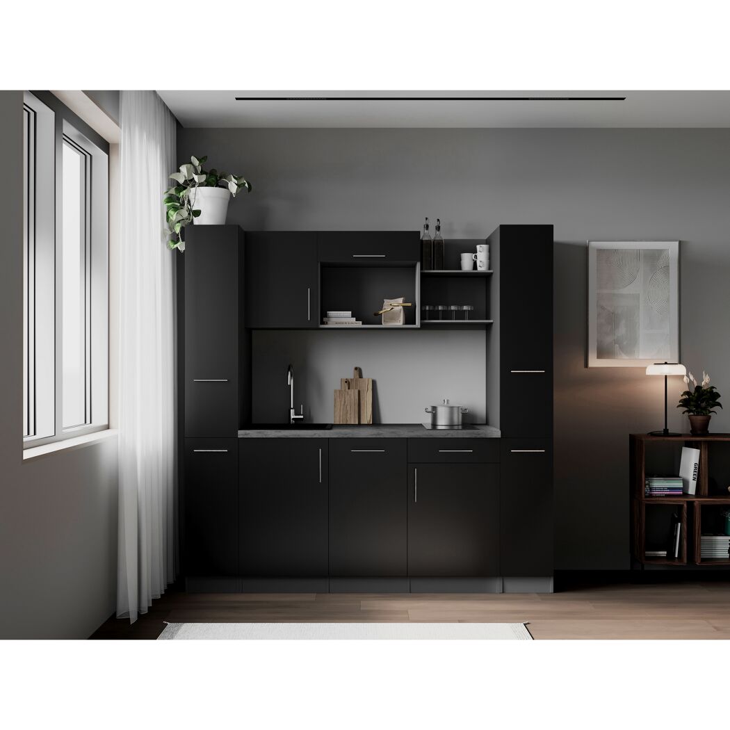 Küchenzeile 'Oliver' mit E-Geräten schwarz/grau 205 cm