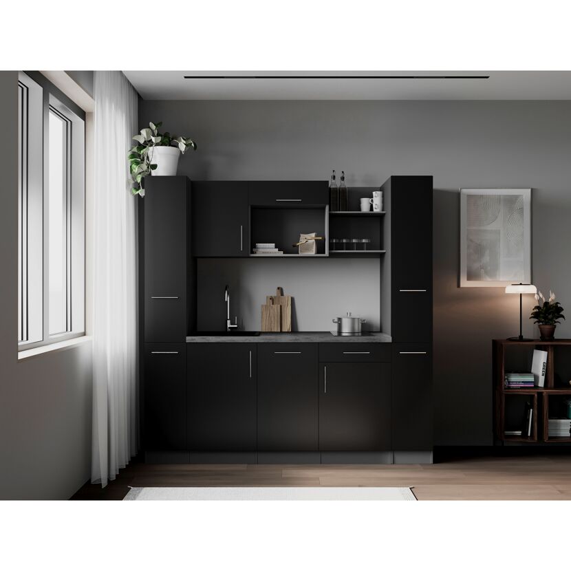 Küchenzeile 'Oliver' mit E-Geräten schwarz/grau 205 cm