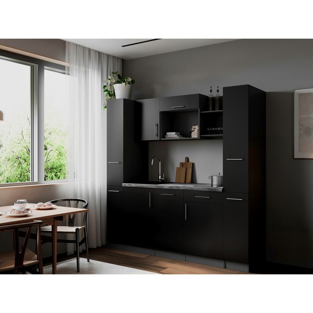 Küchenzeile 'Oliver' mit E-Geräten schwarz/grau 205 cm