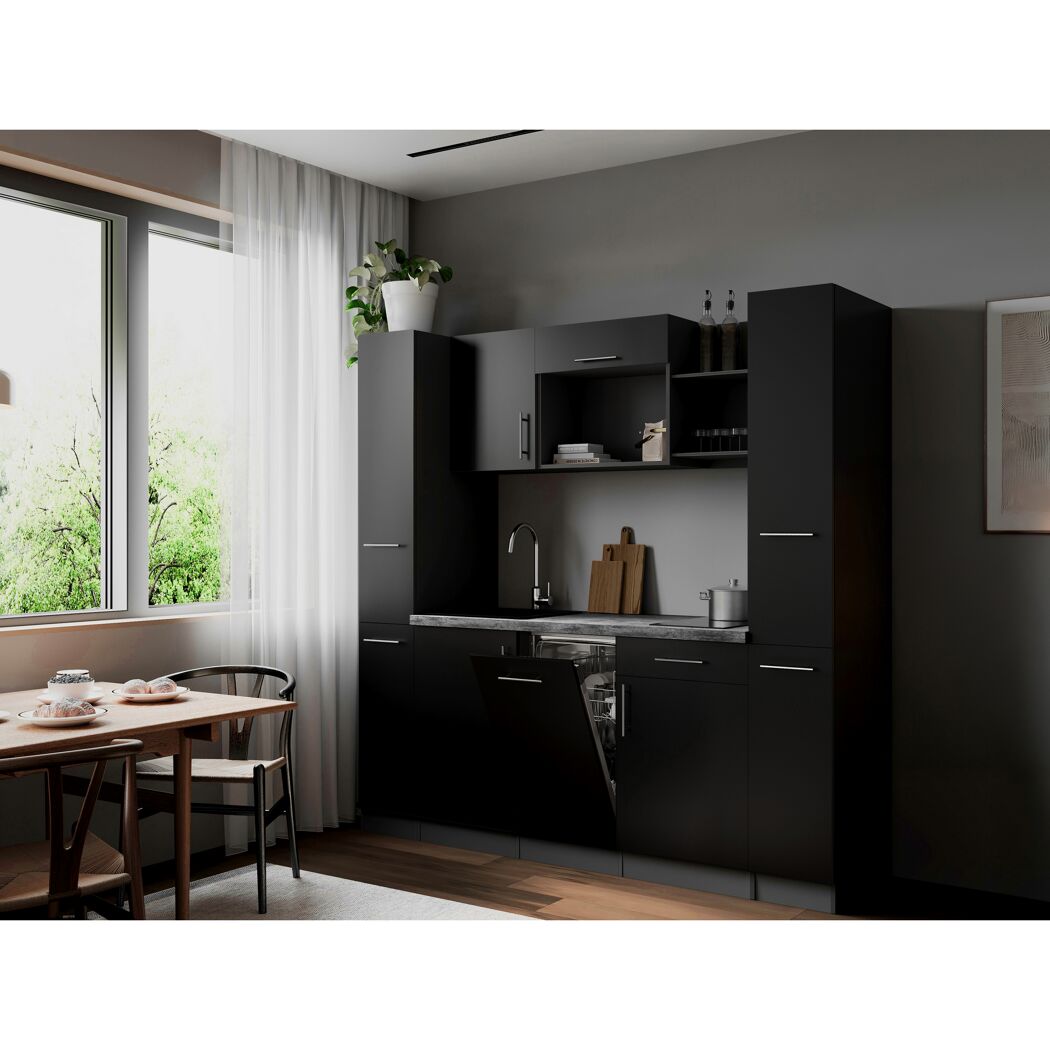 Küchenzeile 'Oliver' mit E-Geräten schwarz/grau 205 cm