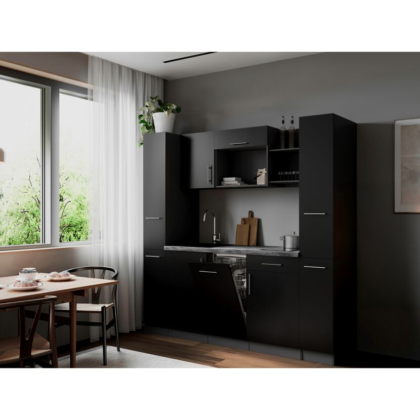 Küchenzeile 'Oliver' mit E-Geräten schwarz/grau 205 cm