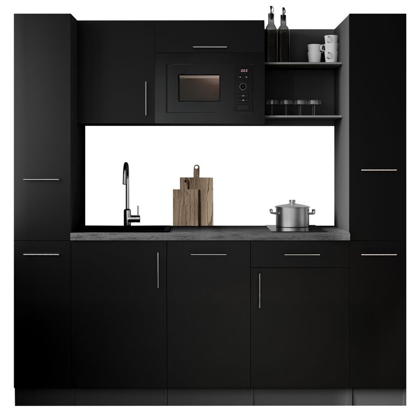 Küchenzeile 'Oliver' mit E-Geräten schwarz/grau 205 cm