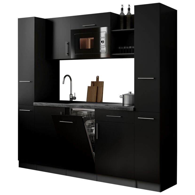 Küchenzeile 'Oliver' mit E-Geräten schwarz/grau 205 cm