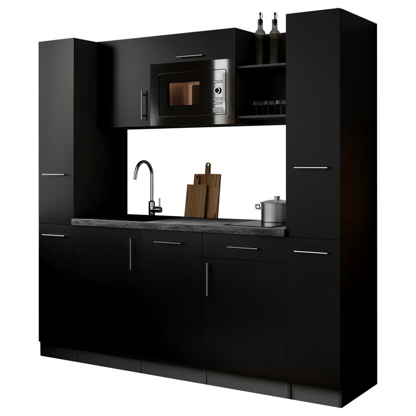 Küchenzeile 'Oliver' mit E-Geräten schwarz/grau 205 cm