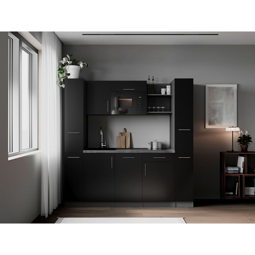 Küchenzeile 'Oliver' mit E-Geräten schwarz/grau 205 cm