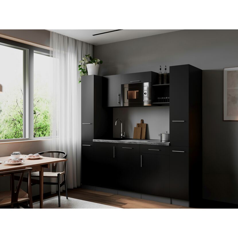 Küchenzeile 'Oliver' mit E-Geräten schwarz/grau 205 cm