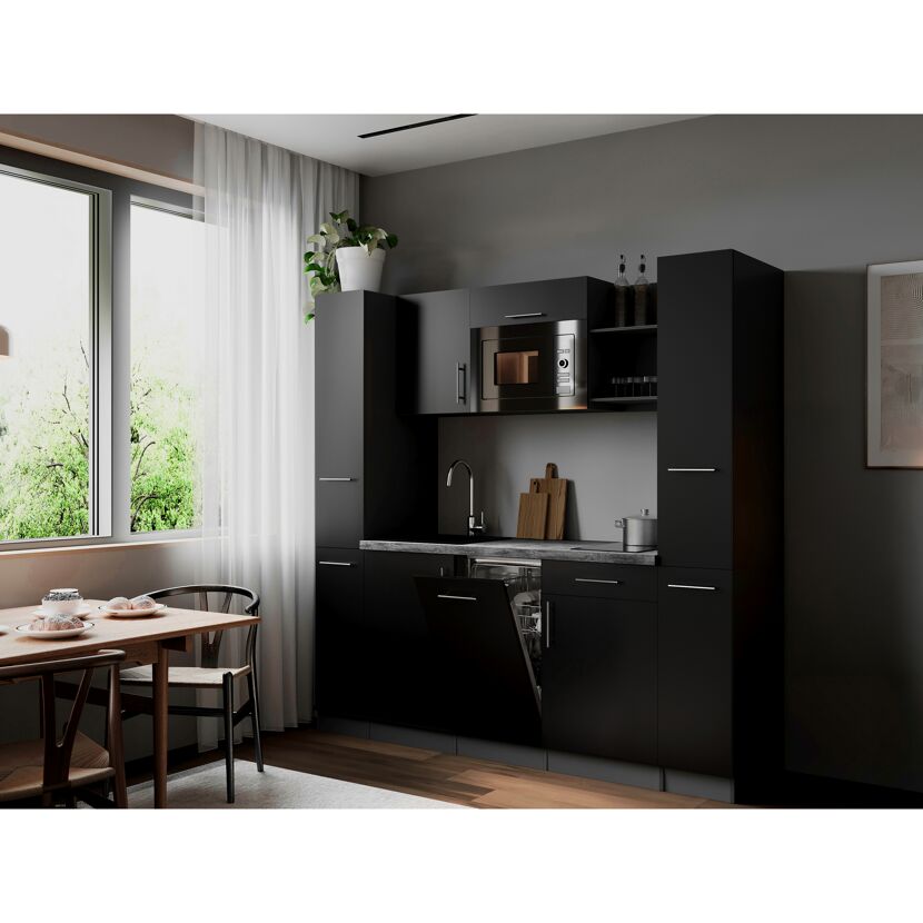Küchenzeile 'Oliver' mit E-Geräten schwarz/grau 205 cm