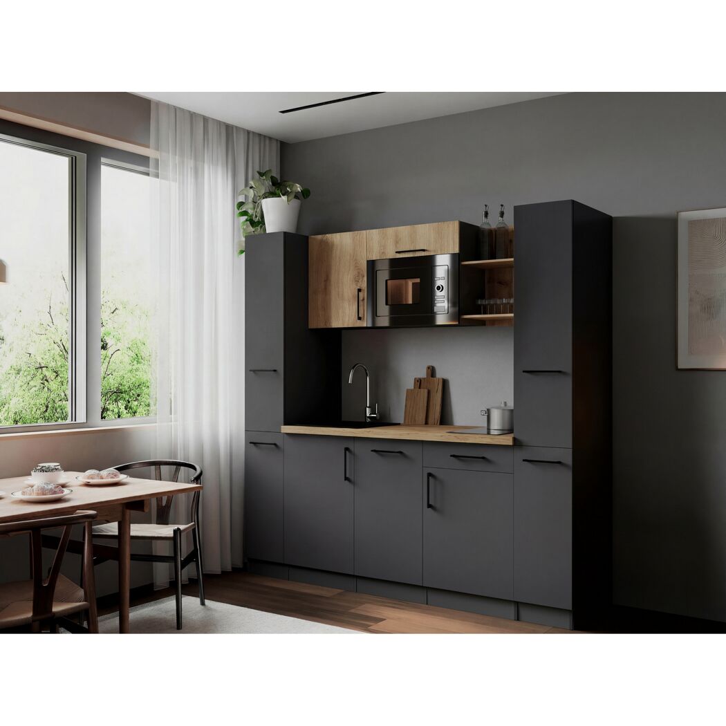 Küchenzeile 'Oliver' mit E-Geräten eichefarben/grau 205 cm