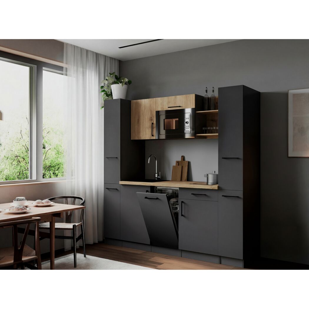 Küchenzeile 'Oliver' mit E-Geräten eichefarben/grau 205 cm