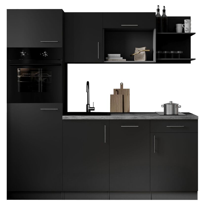Küchenzeile 'Oliver' mit E-Geräten schwarz/grau 205 cm