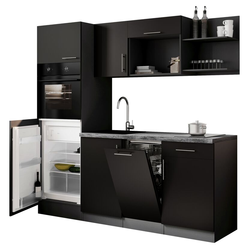 Küchenzeile 'Oliver' mit E-Geräten schwarz/grau 205 cm