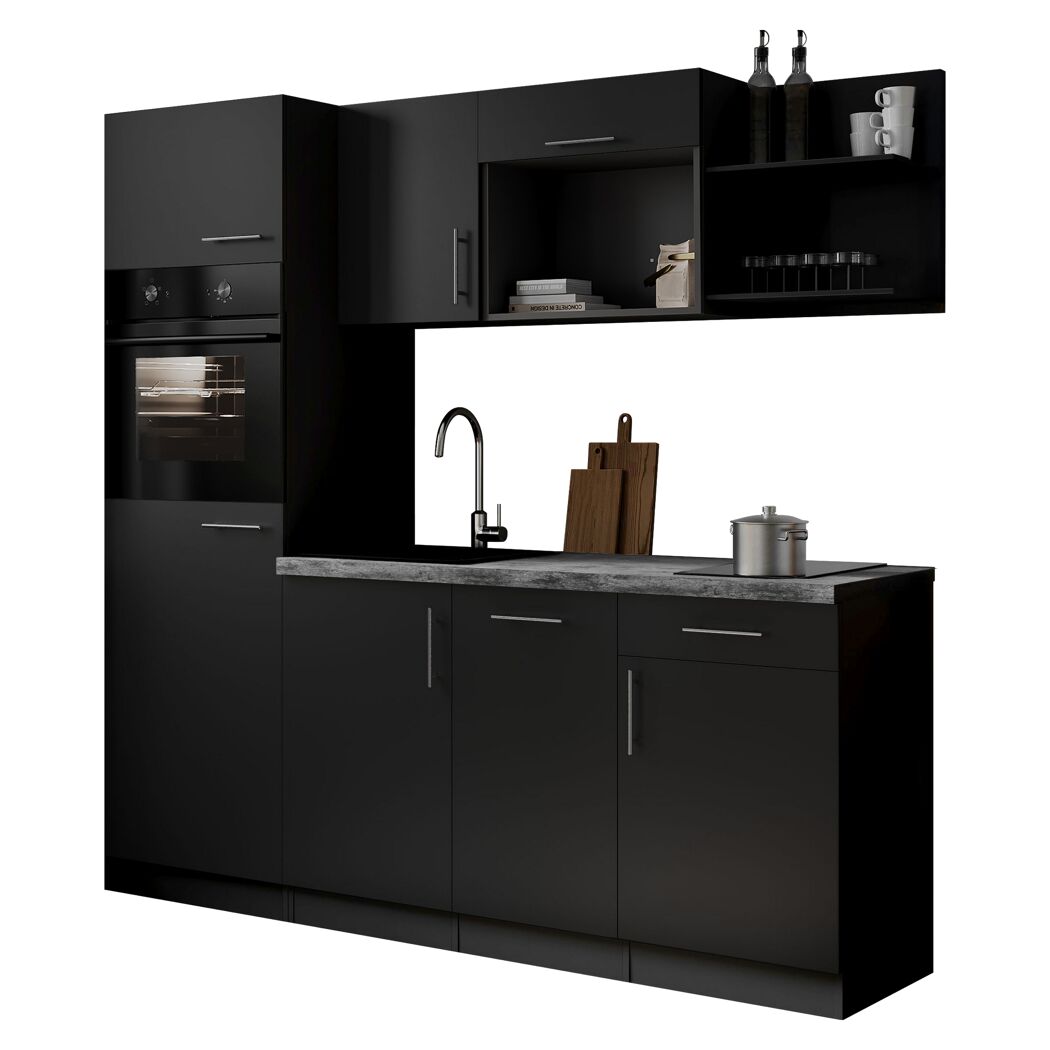 Küchenzeile 'Oliver' mit E-Geräten schwarz/grau 205 cm