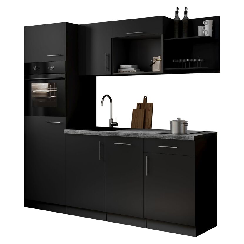Küchenzeile 'Oliver' mit E-Geräten schwarz/grau 205 cm