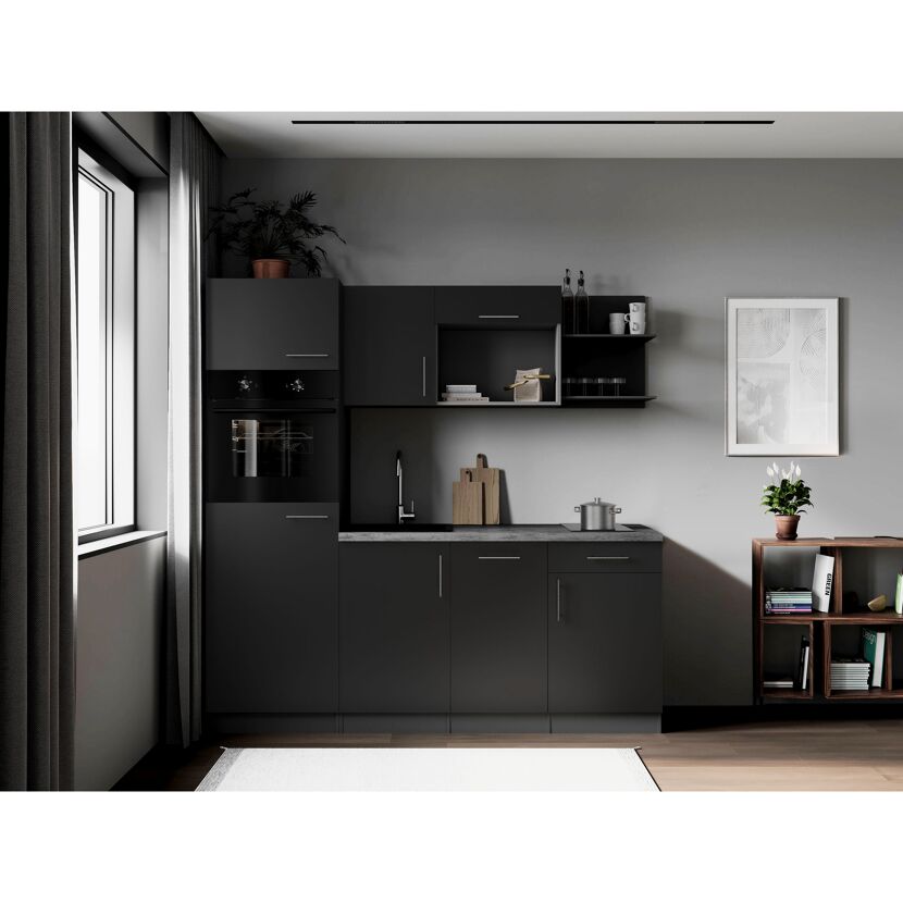 Küchenzeile 'Oliver' mit E-Geräten schwarz/grau 205 cm