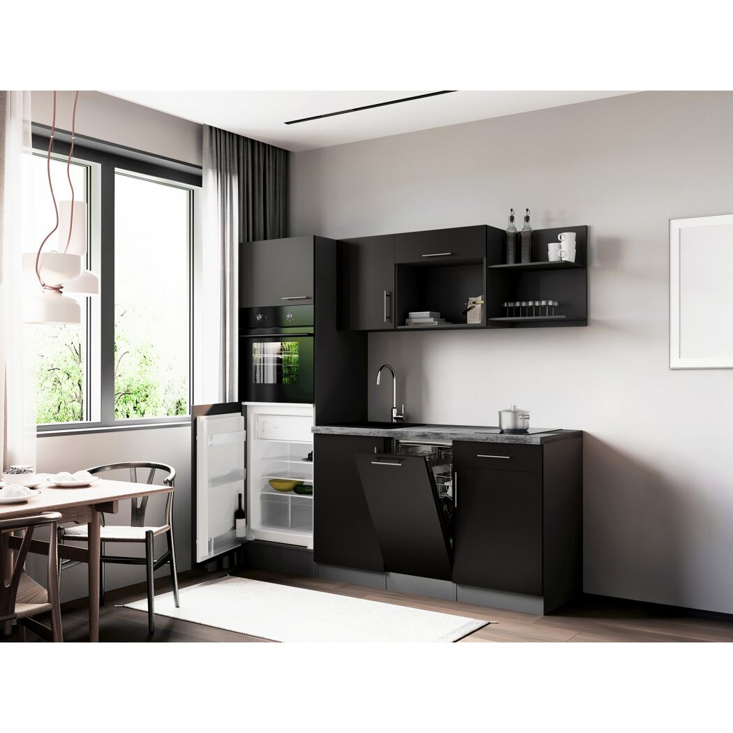 Küchenzeile 'Oliver' mit E-Geräten schwarz/grau 205 cm