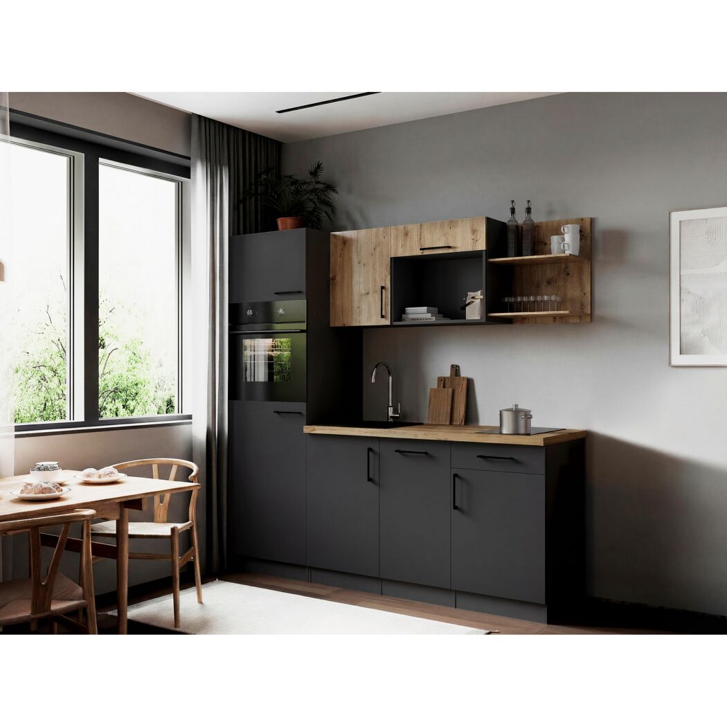 Küchenzeile 'Oliver' mit E-Geräten eichefarben/grau 205 cm