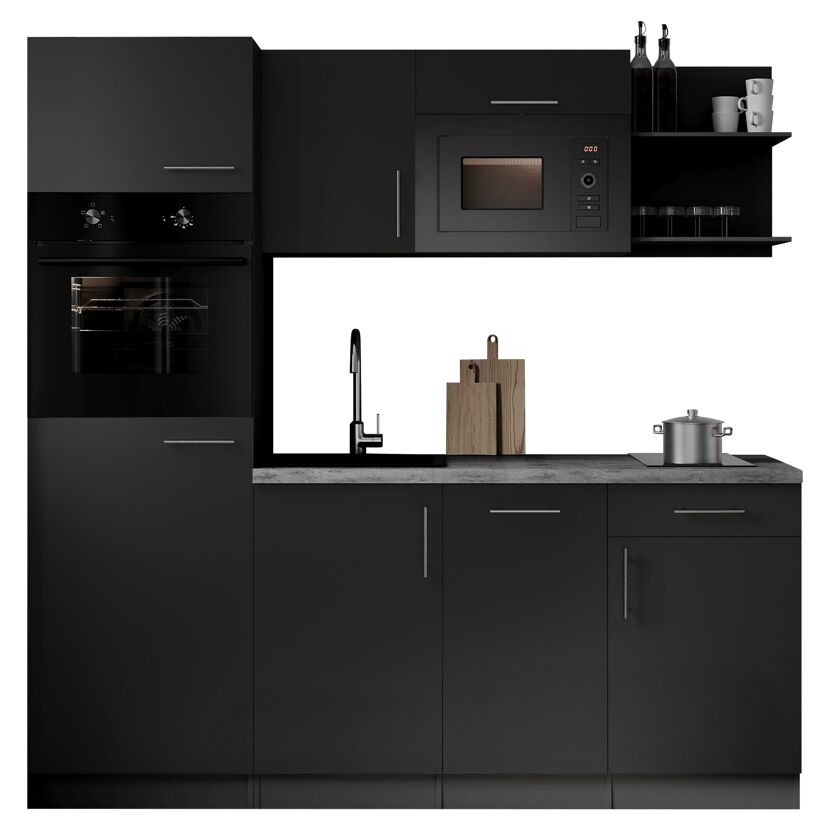 Küchenzeile 'Oliver' mit E-Geräten schwarz/grau 205 cm