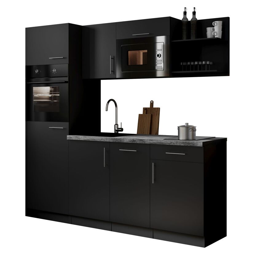 Küchenzeile 'Oliver' mit E-Geräten schwarz/grau 205 cm