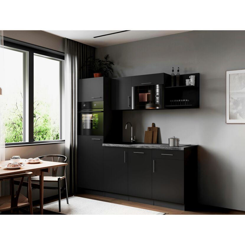 Küchenzeile 'Oliver' mit E-Geräten schwarz/grau 205 cm