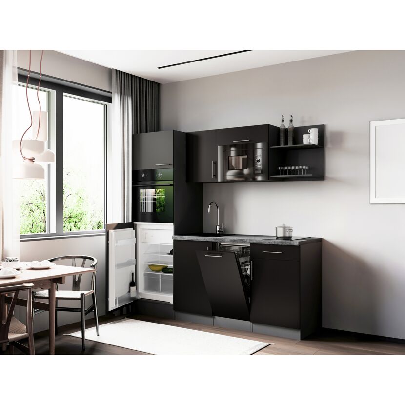 Küchenzeile 'Oliver' mit E-Geräten schwarz/grau 205 cm