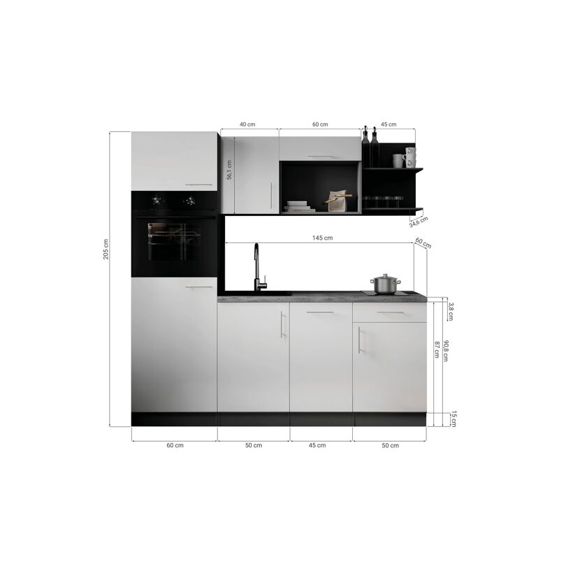Küchenzeile 'Oliver' mit E-Geräten eichefarben/grau 205 cm