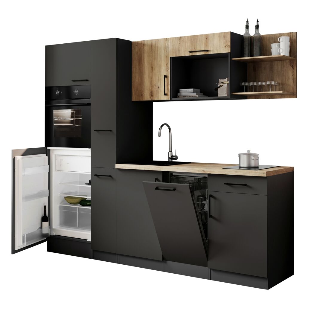 Küchenzeile 'Oliver' mit E-Geräten eichefarben/grau 235 cm
