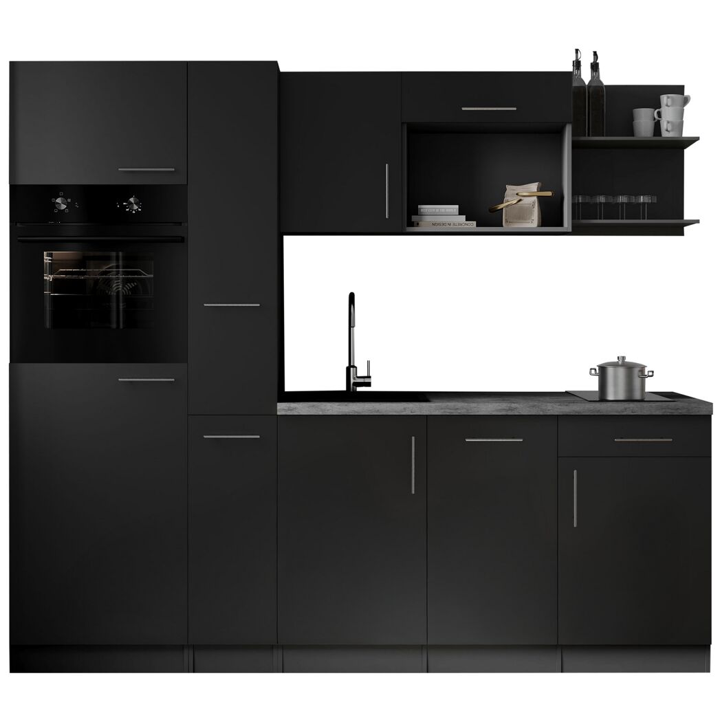 Küchenzeile 'Oliver' mit E-Geräten schwarz/grau 235 cm