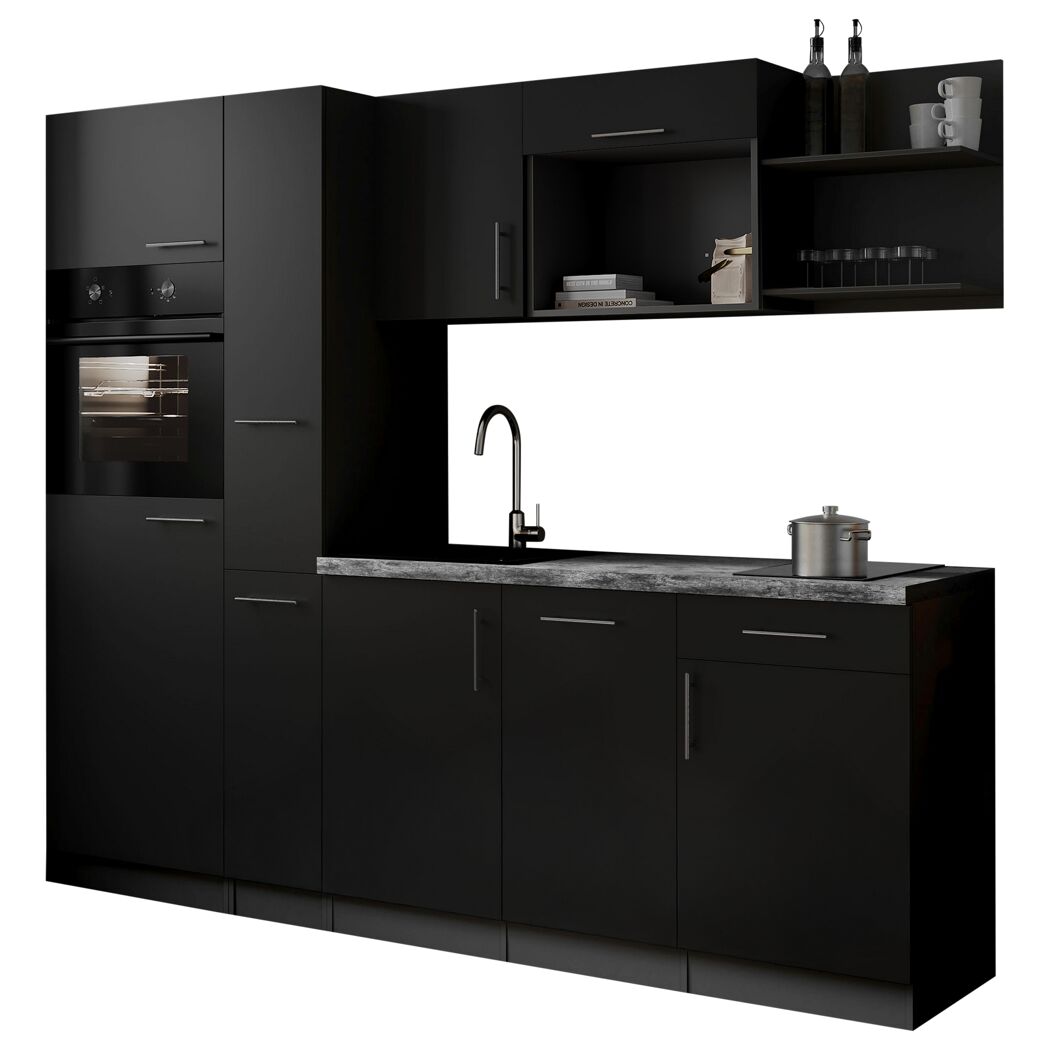 Küchenzeile 'Oliver' mit E-Geräten schwarz/grau 235 cm
