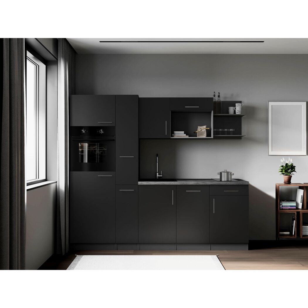 Küchenzeile 'Oliver' mit E-Geräten schwarz/grau 235 cm