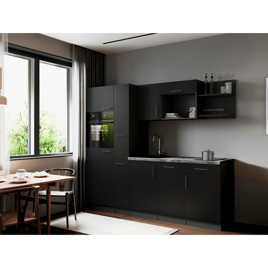 Küchenzeile 'Oliver' mit E-Geräten schwarz/grau 235 cm