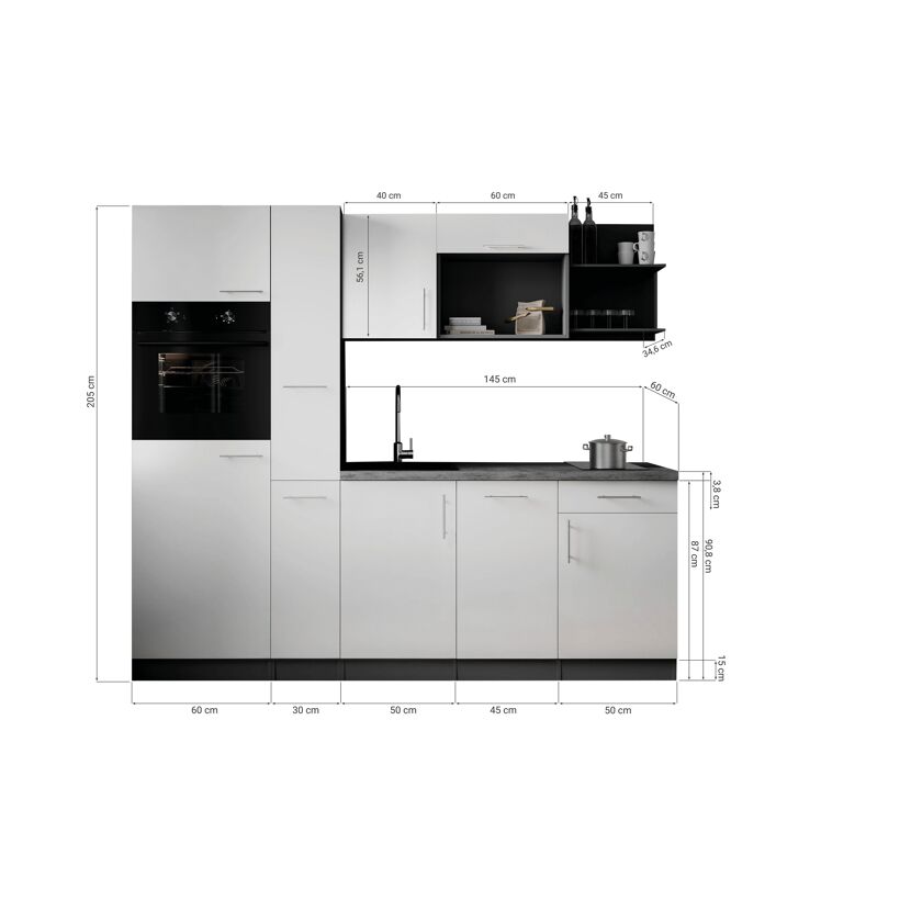 Küchenzeile 'Oliver' mit E-Geräten grau 235 cm