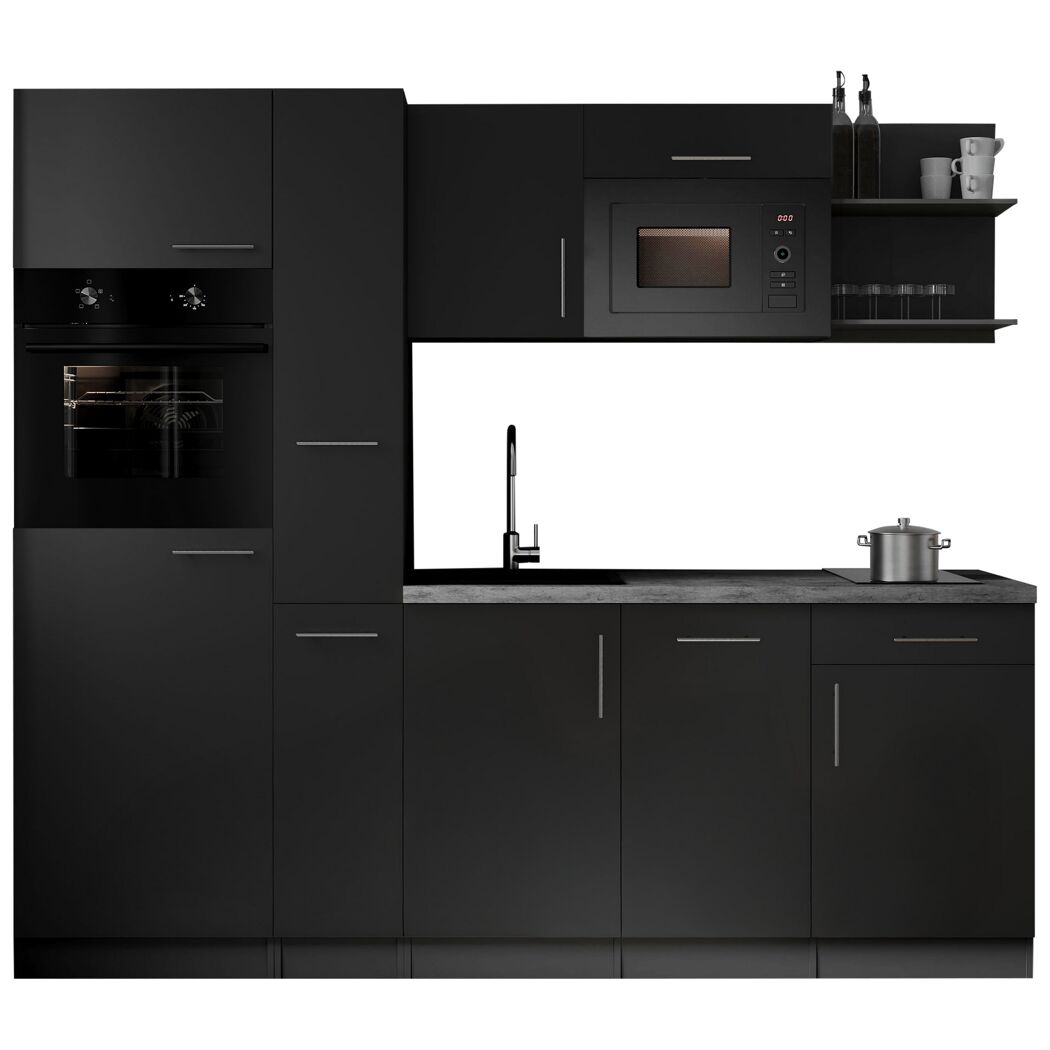 Küchenzeile 'Oliver' mit E-Geräten schwarz/grau 235 cm