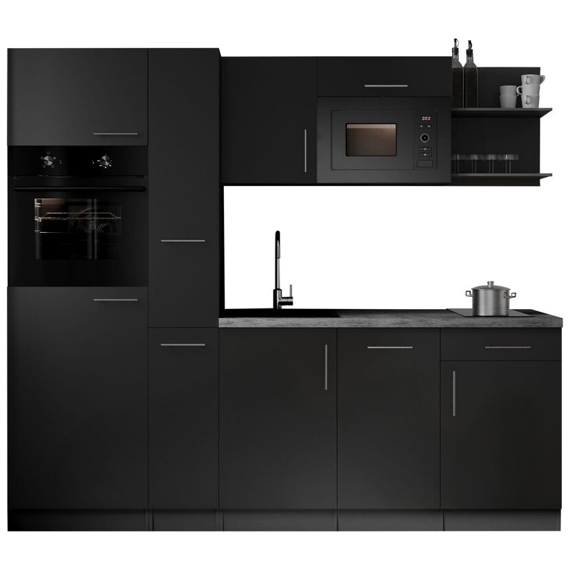 Küchenzeile 'Oliver' mit E-Geräten schwarz/grau 235 cm