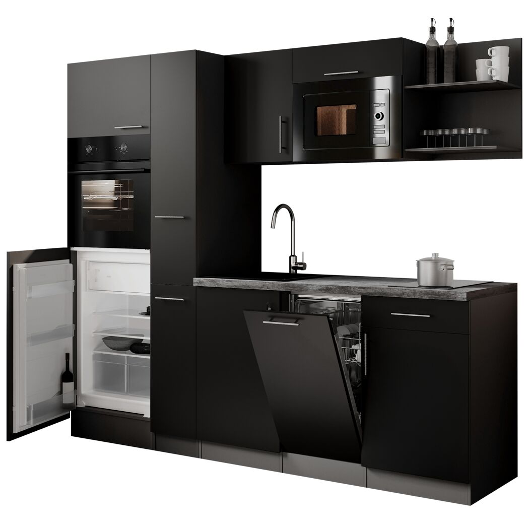 Küchenzeile 'Oliver' mit E-Geräten schwarz/grau 235 cm