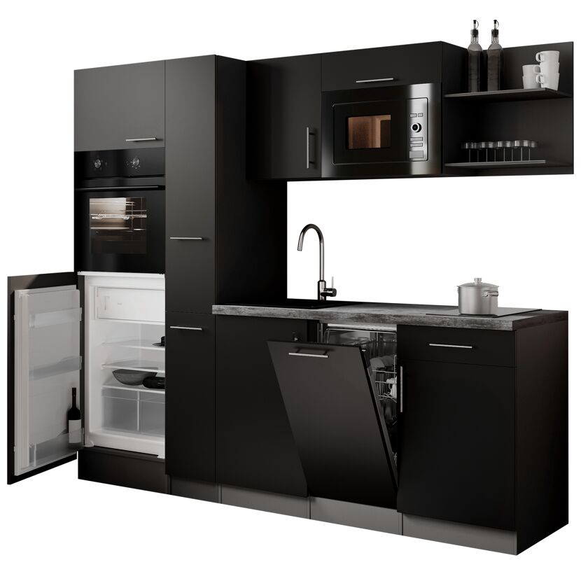 Küchenzeile 'Oliver' mit E-Geräten schwarz/grau 235 cm