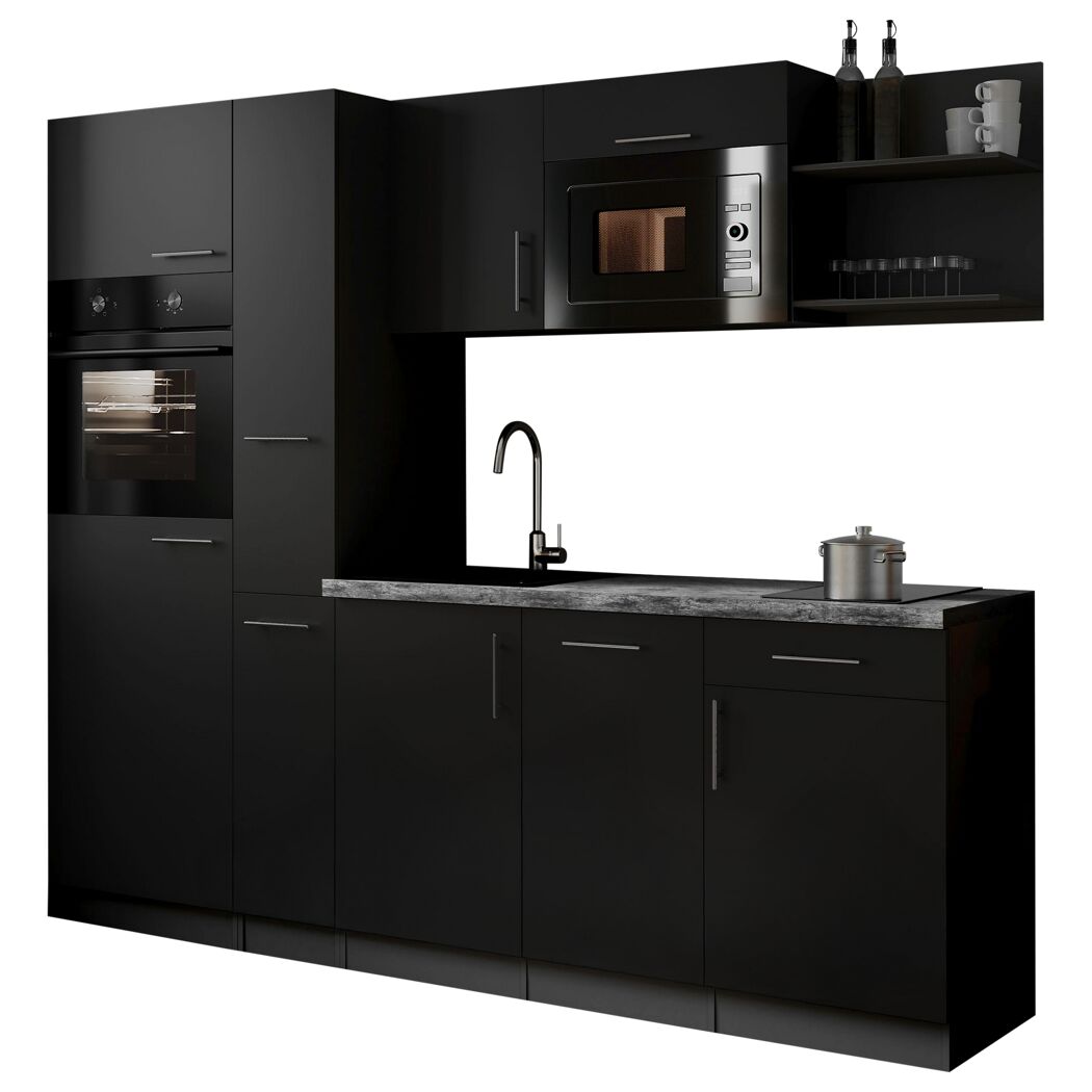 Küchenzeile 'Oliver' mit E-Geräten schwarz/grau 235 cm