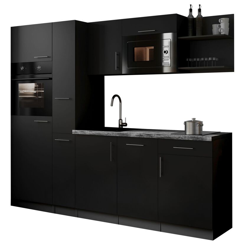Küchenzeile 'Oliver' mit E-Geräten schwarz/grau 235 cm