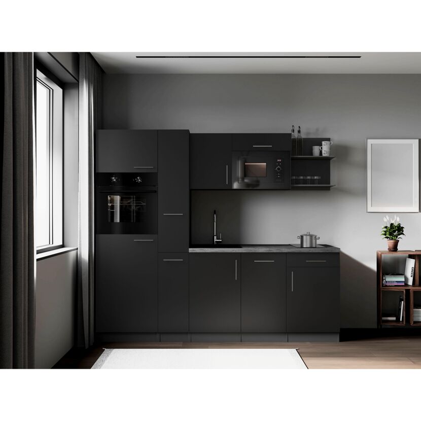 Küchenzeile 'Oliver' mit E-Geräten schwarz/grau 235 cm